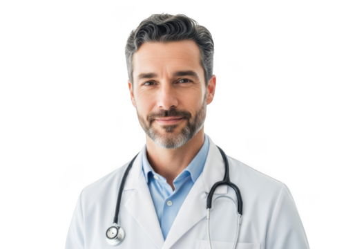 Male doctor wearing stethoscope isolated on transparent background - Powered by Adobe