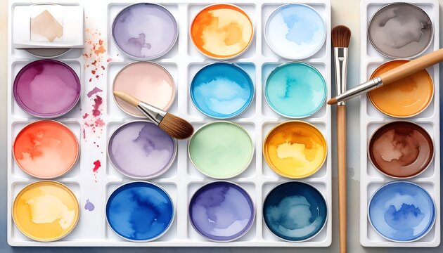 Watercolor paints and brushes on palette - Powered by Adobe
