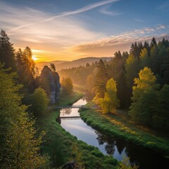 Serene Forest Landscape During Sunset with River and Rocky Cliffs
