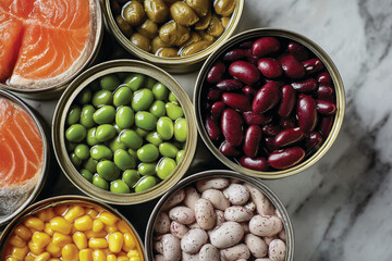 Variety of Canned Foods &ndash; Tuna, Green Peas, Kidney Beans, Sweet Corn in Open Tins