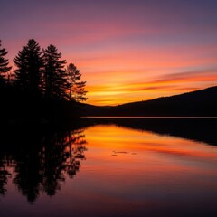 Serene Sunset Over Calm Lake with Silhouetted Trees and Vibrant Colors in the Sky