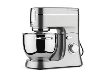 Sleek silver kitchen stand mixer appliance is shown against a bright white background