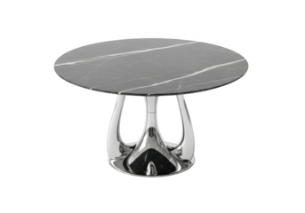 Modern round dining table with dark marble top and unique chrome pedestal base isolated on transparent background