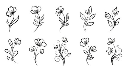 Elegant black and white floral line art illustrations for decorative designs and artistic