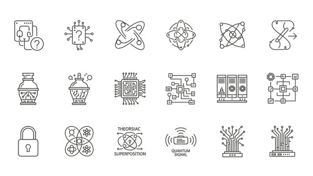 Modern line icons depicting quantum computing artificial intelligence and advanced technology