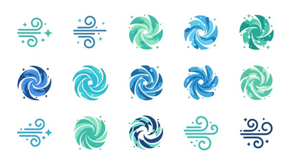 Vibrant collection of stylized wind and vortex icons in blue and green hues for design projects