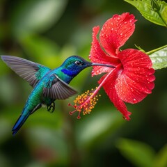 Colorful Hummingbird Drinking Nectar From Red Hibiscus Flower in Bloom