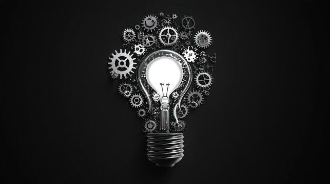 Gears surrounding lightbulb, concept of ideas, mechanical innovation