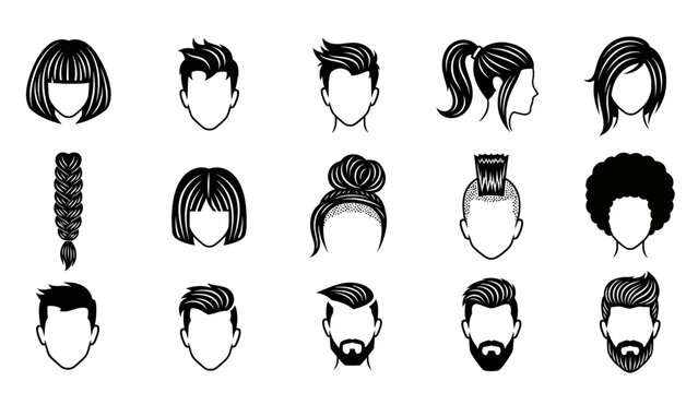 Variety of modern and classic hairstyles and beards for men and women minimalist icon set