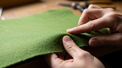 Close-up Hands Manipulating Green Felt, Preparing for Crafting Project