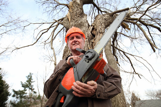 Senior homeowner using a battery operated chainsaw to cut branches on a dead tree