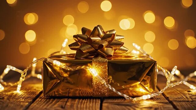 Golden gift box with twinkling lights on wooden surface celebration present