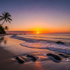 Beautiful Sunset on Tropical Beach with Palm Trees and Rocks in Calm Ocean