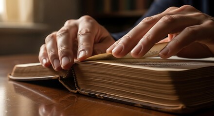 Close-up view of a person's hands turning the pages of an aged and thick book, suggestive of study and exploration
