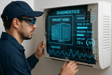 furnace, filter, air, technician, hvac, maintenance. A technician analyzes a smart HVAC system using advanced diagnostics displayed on a digital interface.