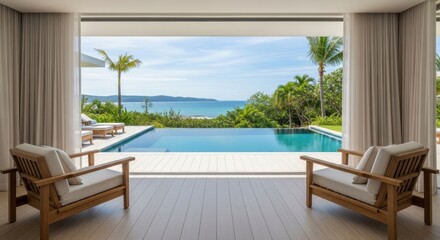 Fototapeta premium Luxurious Tropical Villa With Infinity Pool Overlooking The Ocean And Palm Trees