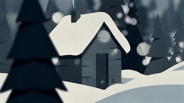 A monochromatic paper-cut or flat design digital illustration featuring a simple wooden cabin amidst a snowy pine forest.