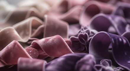 Delicate folds of soft velvet ribbons in mauve and lavender hues