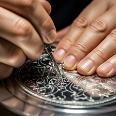 Delicate silver engraving process with craftsman's steady hands in focus