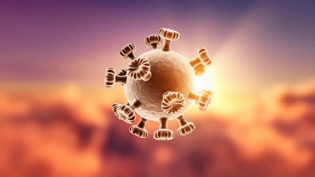The image displays a virus structure illuminated by a warm glow, highlighting intricate details of the virus. This virus and its details underscore the significant impact of viruse