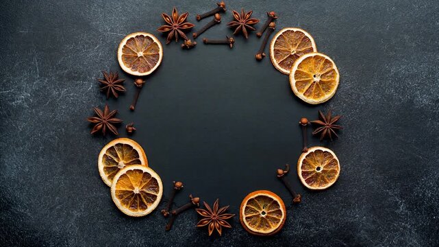 decorative circular frame made of dried winter spices, including dried orange slices, star anise, and cloves