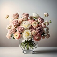 Elegant floral arrangement in shades of pink and white in glass vase