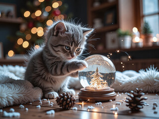 Gray ragdoll kitten batting at a snow globe, twinkling reflections on fur, pinecones scattered on a wooden table,Playful touches and festive details blend warmth with holiday humor.