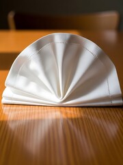 Elegant folded white linen napkin on wooden table with sun light reflections