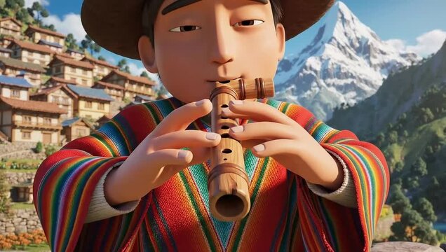 Animated Andean Musician Playing Traditional Flute in Mountain Village Landscape