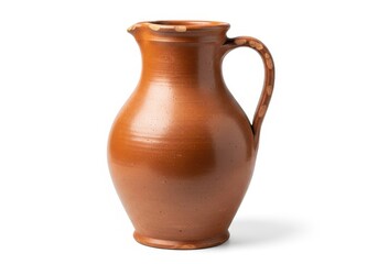 Traditional earthenware pitcher stands in isolation against a bright white background