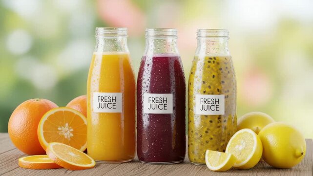 Tropical Fruit Beverages: Three Bottles of Fresh Orange, Grape, and Passion Fruit Juice on a Wooden Table, Healthy Drinks