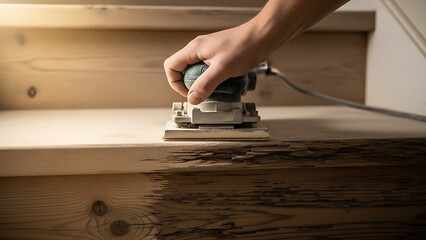 Hands sanding wood stair with orbital sander for refurbishment project