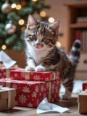 Cream kitten chasing a red Christmas ribbon, confetti and wrapping paper on floor, soft clean lighting,A festive play scene full of energy and Christmas cheer.