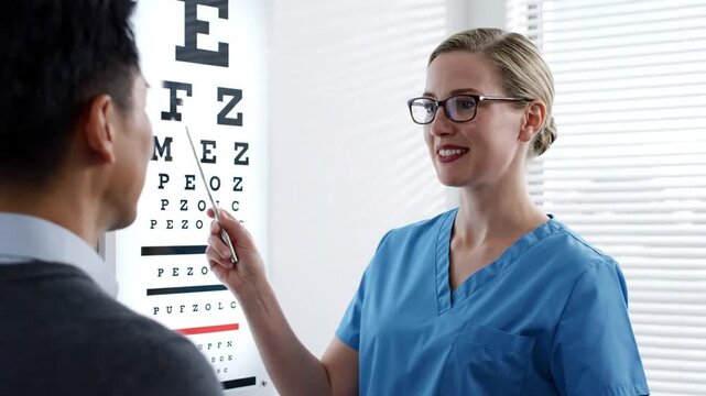 A medical professional conducts an eye exam for a patient, pointing to an eye chart