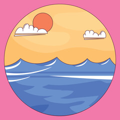 Simple vector illustration of a peaceful ocean and sea seascape with waves, sun, and clouds in the sky, ideal for summer, travel, or nature themes