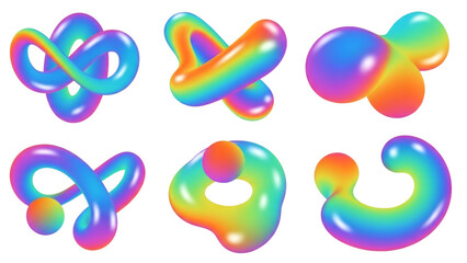 Collection of six smooth, iridescent abstract shapes in bright gradient colors on a black backdrop.