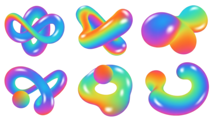 Collection of six smooth, iridescent abstract shapes in bright gradient colors on a black backdrop.