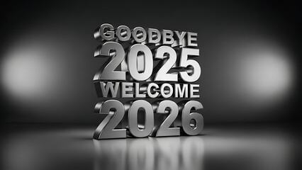Goodbye 2025 Welcome 2026 Silver 3D Text on Textured Background
