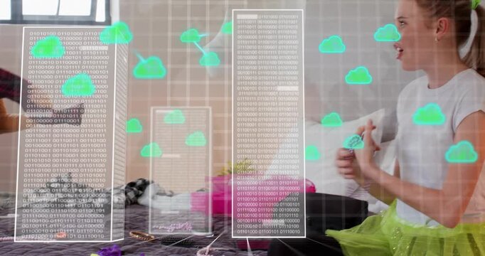 Two women sorting fashion items on bed left pulling bag items sparking rising binary cloud overlay