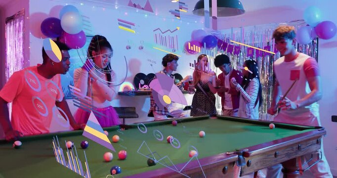 Guest teasing cue, player lining up executing pool shot, balls scattering, guests clapping at party