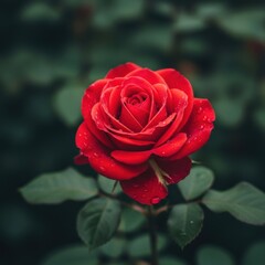 Red Rose with Water Droplets on Dark Green Foliage in Garden