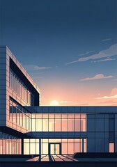 Modern Office Building at Sunset with Geometric Design and Sky Reflections