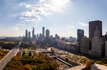 Obraz premium Aerial Drone Panorama of Chicago Skyline in Autumn”