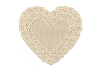 Vintage beige lace heart doily design with transparent background