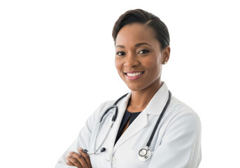 Smiling female doctor wearing stethoscope isolated on transparent background