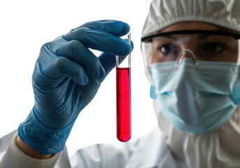 Scientist holding a red liquid in a test tube isolated on transparent background