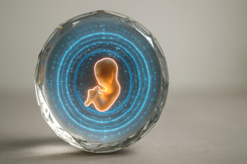 AI generated glowing holographic embryo inside a crystal ring with concentric energy rings. Futuristic design showcasing the cycle of life.