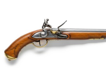 Antique flintlock pistol featuring wood  and metal components isolated on white