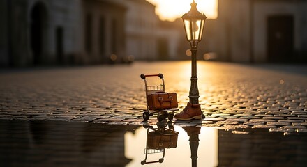 Vintage baggage resting beside a retro street lamp at dusk reflection
