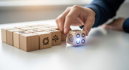 Radical innovation concept and showing a cube completely separate from others using wooden cubes, symbolic icons, human hand, natural depth of field, soft blurred background, clean white desk..png